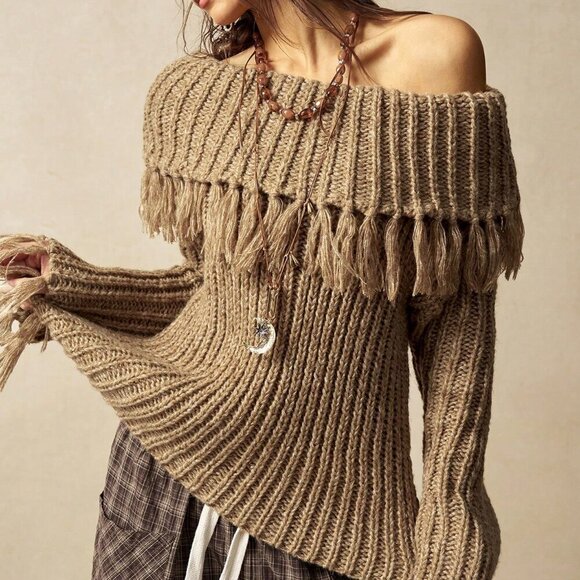Khaki Casual Women's Off Shoulder Fringe Knit Sweater - Picture 8 of 9